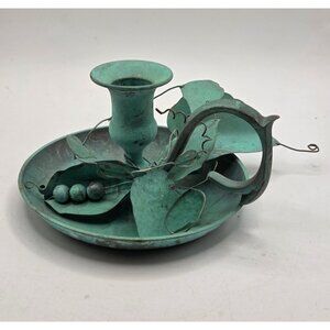 Vintage Metal Chamberstick Candle Holder With Leaf & Berry Design